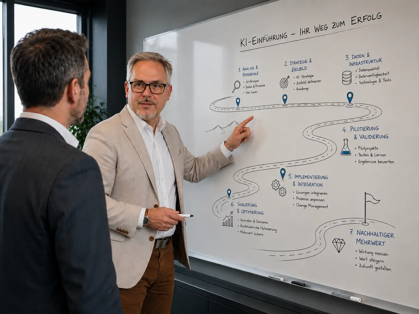 Jörg Eisbach erläutert an einem Whiteboard die Roadmap einer KI-Einführung – den sicheren Weg zum Erfolg.